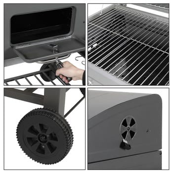 Parrilla de carbón, carrito de barbacoa con termómetro y ruedas, barbacoa para jardín y camping 139x67x107,5 cm