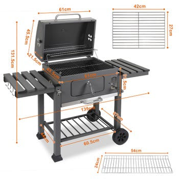 Parrilla de carbón, carrito de barbacoa con termómetro y ruedas, barbacoa para jardín y camping 139x67x107,5 cm