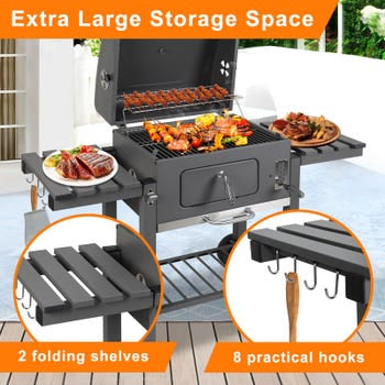 Parrilla de carbón, carrito de barbacoa con termómetro y ruedas, barbacoa para jardín y camping 139x67x107,5 cm