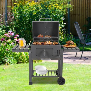 Parrilla de carbón, carrito de barbacoa con termómetro y ruedas, barbacoa para jardín y camping 139x67x107,5 cm