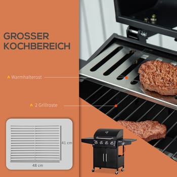 Barbacoa de gas con 3 quemadores de 3 kW cada uno, carrito de parrilla móvil con ruedas, red para parrilla, mesas auxiliares, 132,4 cm x 55 cm x 109 c