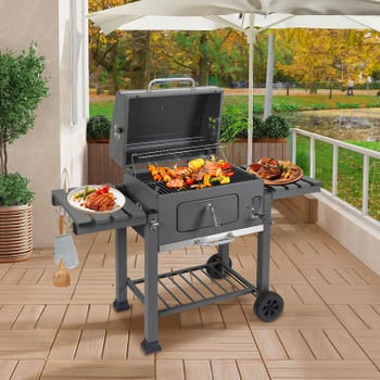 Parrilla de carbón, carrito de barbacoa con termómetro y ruedas, barbacoa para jardín y camping 139x67x107,5 cm