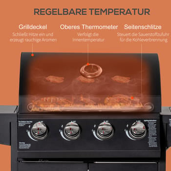 Barbacoa de gas con 3 quemadores de 3 kW cada uno, carrito de parrilla móvil con ruedas, red para parrilla, mesas auxiliares, 132,4 cm x 55 cm x 109 c