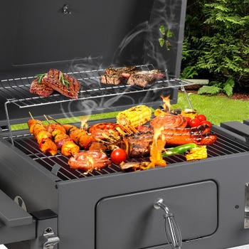 Parrilla de carbón, carrito de barbacoa con termómetro y ruedas, barbacoa para jardín y camping 139x67x107,5 cm