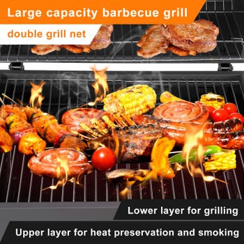 Parrilla de carbón, carrito de barbacoa con termómetro y ruedas, barbacoa para jardín y camping 139x67x107,5 cm