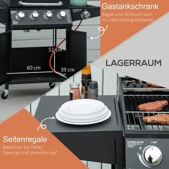 Barbacoa de gas con 3 quemadores de 3 kW cada uno, carrito de parrilla móvil con ruedas, red para parrilla, mesas auxiliares, 132,4 cm x 55 cm x 109 c