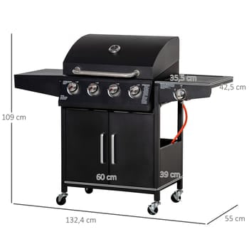 Barbacoa de gas con 3 quemadores de 3 kW cada uno, carrito de parrilla móvil con ruedas, red para parrilla, mesas auxiliares, 132,4 cm x 55 cm x 109 c