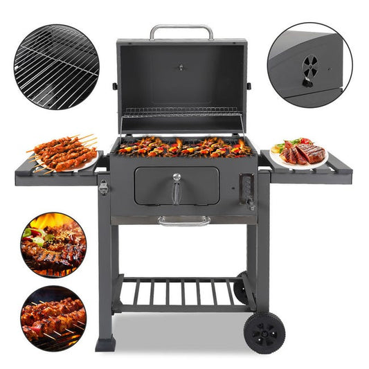 Parrilla de carbón, carrito de barbacoa con termómetro y ruedas, barbacoa para jardín y camping 139x67x107,5 cm