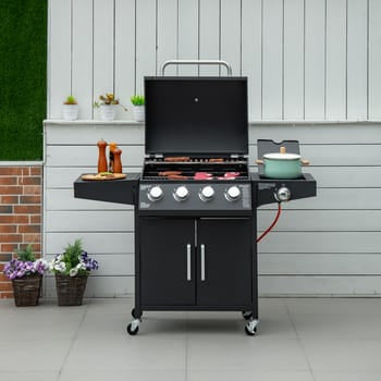 Barbacoa de gas con 3 quemadores de 3 kW cada uno, carrito de parrilla móvil con ruedas, red para parrilla, mesas auxiliares, 132,4 cm x 55 cm x 109 c